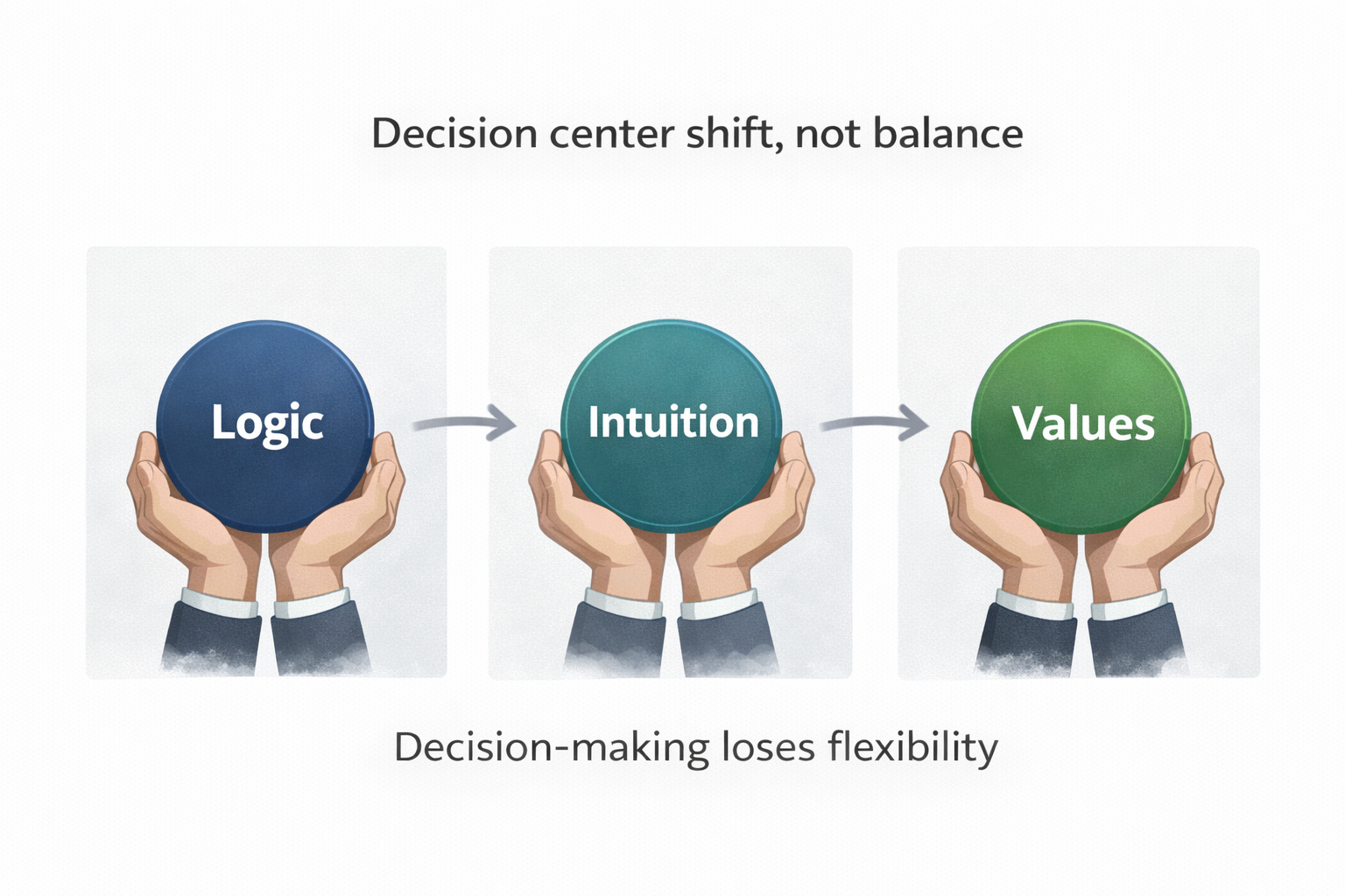 Leadership decision framework showing shift of decision center between logic, intuition, and values
