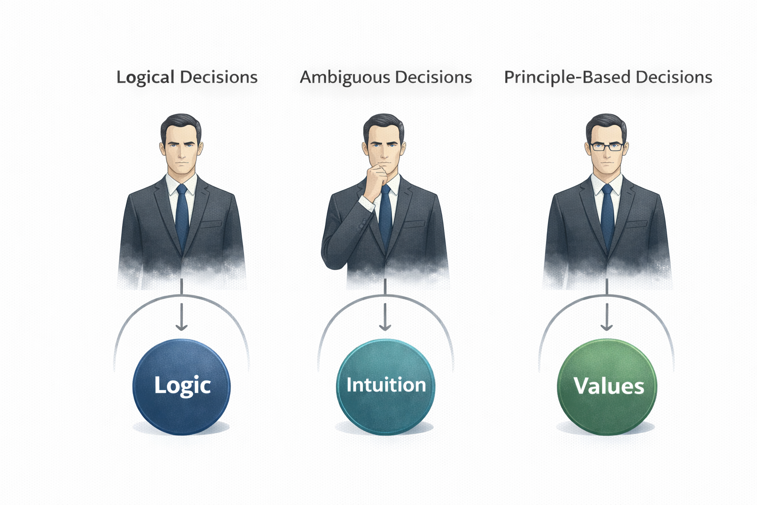 Shifting the decision-making center between logic, intuition, and values in leadership